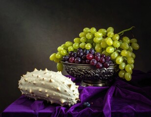 Still life of grapes and a melon on a purple cloth