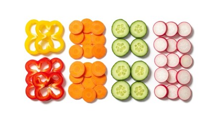 Colorful Assortment of Freshly Sliced Vegetables Displayed on White Background