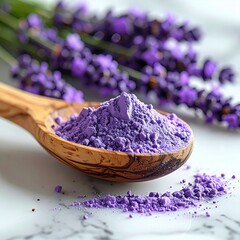 Lavender powder in wooden spoon