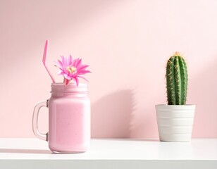 Pink smoothie in mason jar, cactus decor
