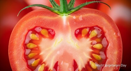 Close-up of a vibrant, juicy tomato cut in half showing its internal structure