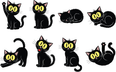 Obraz premium Playful black cartoon cats in various adorable poses, expressing different emotions