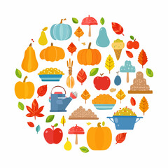 Colorful Autumn Harvest Flat Design Collection A Circular Arrangement of Seasonal Fruits, Vegetables, Mushrooms, and Leaves Representing Fall Bounty and Nature's Abundance in a Modern Style