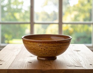 Rustic earthenware bowl on wooden table