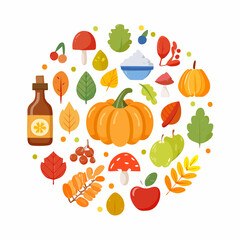 Autumn harvest and seasonal ingredients collection arranged in a circular pattern, featuring pumpkins, apples, mushrooms, berries, and spices