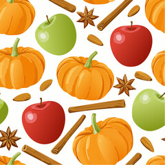 Autumnal Harvest A Festive Seamless Pattern Featuring Pumpkins, Apples, and Spices