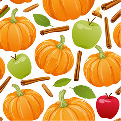 A vibrant seamless pattern illustrating a cozy autumn harvest concept with ripe pumpkins, fresh apples, and fragrant cinnamon sticks