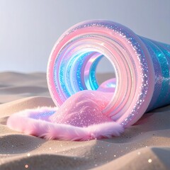 Pink & blue sparkly tunnel spills on sandy beach