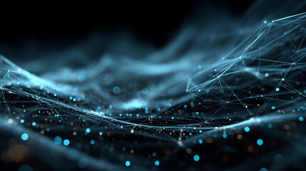 Futuristic holographic interface glowing in mid-air, ultra-thin luminous blue lines forming geometric data patterns