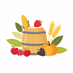 A bountiful autumn harvest festival illustration with a wooden barrel, fresh farm fruits, vegetables, and grains