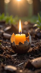 Burning candle in cracked egg shell on ground