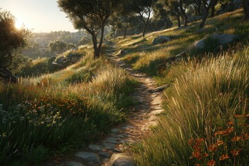 Sun-drenched path winds through a hillside meadow, dotted with wildflowers and olive trees