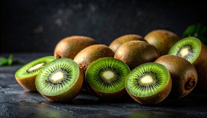 An inviting display of fresh kiwis, whole and sliced, showcased against a dark backdrop.