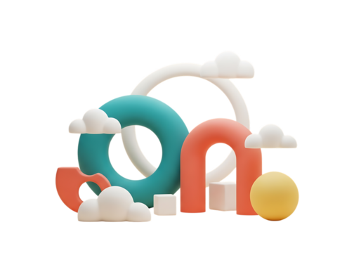 Illustration of abstract 3d geometric shapes with clouds and sun on transparent background - Powered by Adobe