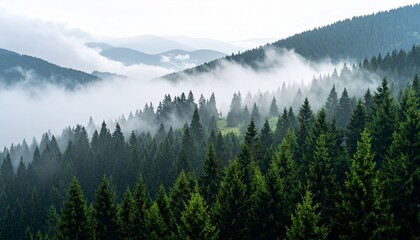 A scenic view of a misty mountain range covered in dense evergreen forests under a cloudy sky, evoking a sense of tranquility and vastness