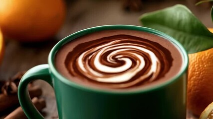 Green mug of hot chocolate with a white swirl on top, surrounded by orange halves and cinnamon sticks. - Powered by Adobe