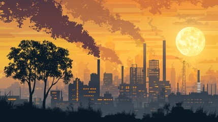 A digital vector of Earth showing pollution levels with emissions from factories, paired with renewable energy alternatives.