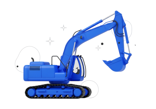 Illustration of a bright blue excavator with black tracks, isolated on transparent background on transparent background