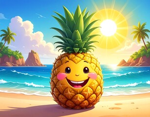 Cartoon pineapple on a sunny beach