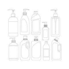 Vector outline set of diverse household cleaning and personal care bottles. Features pump, spray, and various dispenser caps for hygiene liquids, cosmetics, and detergents