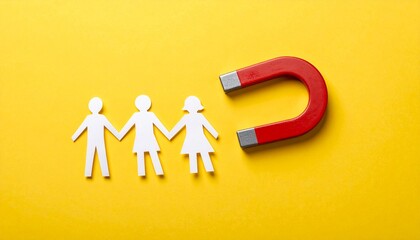 Paper cutouts of three people holding hands, positioned near a red horseshoe magnet, against a bright yellow background in a symbolic scene