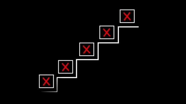 Cross mark and progress tracking design on black background, task checklist for productivity and business success, 4k animation of entrepreneur advancing step by step to reach goals