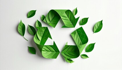 Green recycle symbol made of folded paper with leaf texture, surrounded by green leaves on a light background, creating an eco-friendly concept