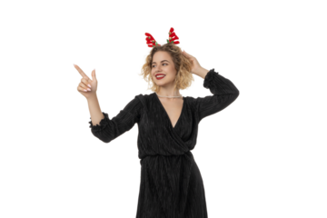 Woman in festive headband celebrates New Year, isolated, PNG