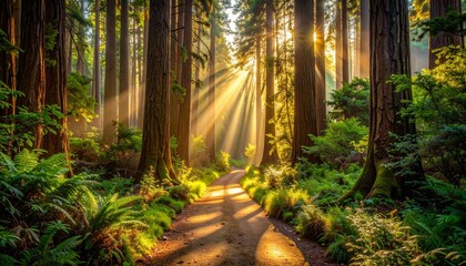 A dirt path winds through a sun-drenched forest, tall trees towering over lush greenery. Rays of light filter through the dense canopy