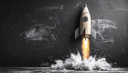 Wooden rocket launching with bright flame and smoke against a chalkboard background, symbolizing a new project or idea taking off