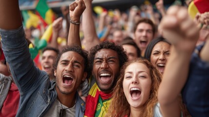 A diverse group of sports fans cheering enthusiastically during a live sports event, waving flags and wearing team merchandise.