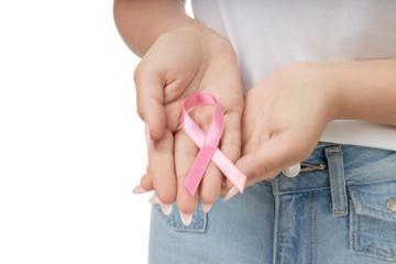 Hands hold a pink ribbon of hope, isolated on white, PNG