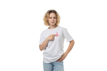 Person in white shirt points to pink ribbon, isolated on white, PNG