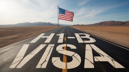 H1-B Visa road leading to US flag in desert