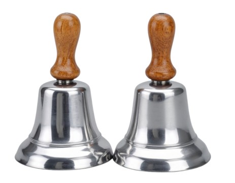 Pair of Polished Silver Hand Bells, Front View, isolated on transparent background PNG