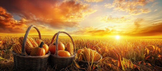 Golden Hour Harvest: Bountiful Baskets of Corn and Pumpkins in a Sun-drenched Cornfield.