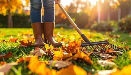 Person raking leaves in autumn garden