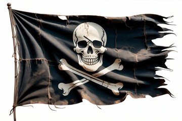 Fototapeta premium A black pirate flag, emblazoned with a white skull and crossbones, waves with tattered edges against a clear white background.