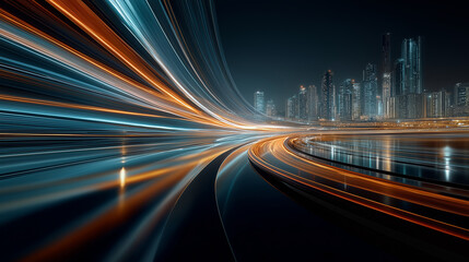 자동차의 궤적을 장시간 노출 스타일로 표현한 대도시의 야경, 추상적 배경-A night view of a large city with a long exposure style of car tracks, abstract background