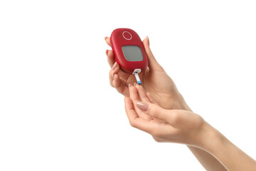 Fototapeta premium Hand with glucose meter for sugar check, isolated on white, PNG