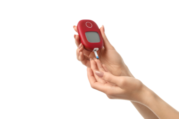 Hand with glucose meter for sugar check, isolated on white, PNG