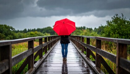 Woman with red umbrella on a wooden bridge in a rainy landscape