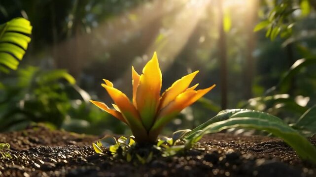 A small bromeliad with bright yellow-orange leaves sprouts from dark soil, while sunbeams filter through a lush garden.