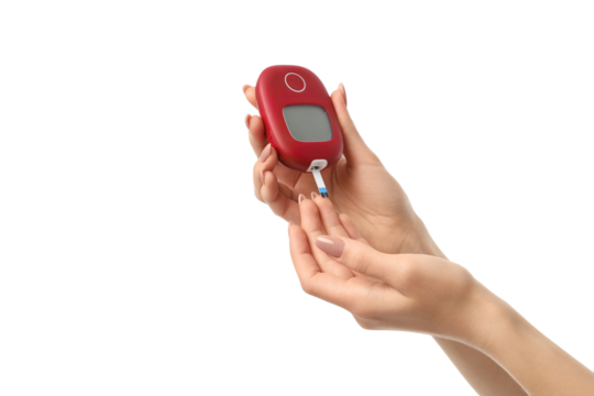 Hand with glucose meter for sugar check, isolated on white, PNG