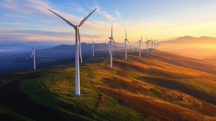 Naklejka premium Corporate Sustainability A row of massive, sleek white wind turbines on a hill at sunrise, turning slowly in the wind. A symbol of renewable energy, sustainability, and corporate responsibility.