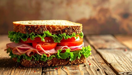 Close-up of a delicious ham sandwich on a wooden table
