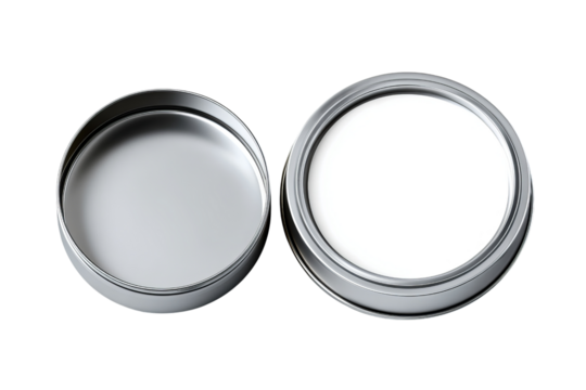 Empty and Full Metal Tins Side by Side container open isolated on a transparent background in PNG format.