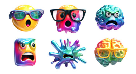 Colorful Cartoon Characters with Expressions and Accessories on Transparent Background