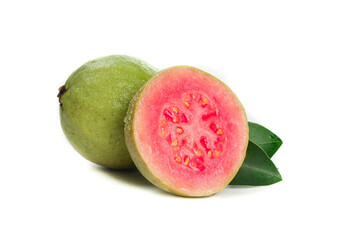 Fresh Pink Guava Fruit Cut in Half with Green Leaves on White Background