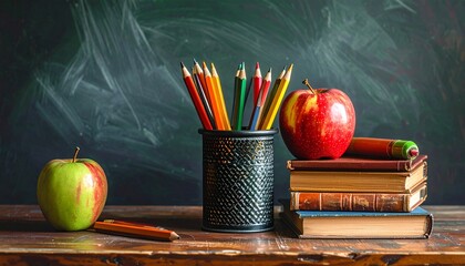 Colorful pencils and apples rest on books, a chalkboard backdrop